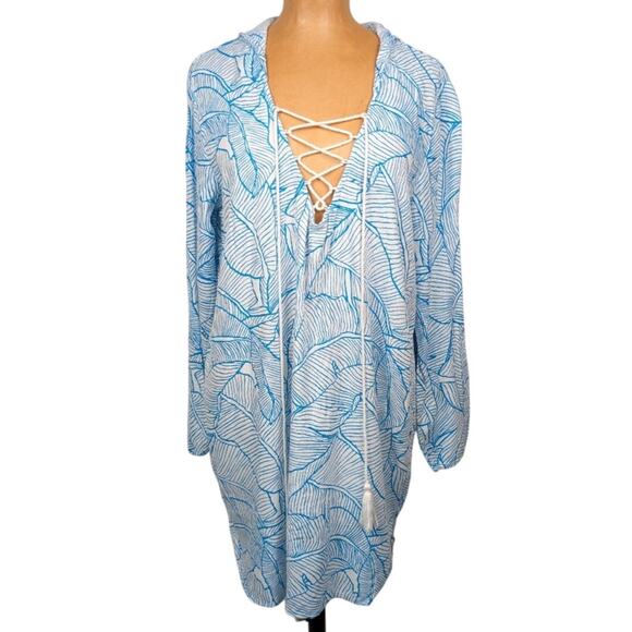 Charlie Holiday Beach Swim Cover Up Hooded Resort Vacation White Blue US Size 4 - Picture 3 of 8